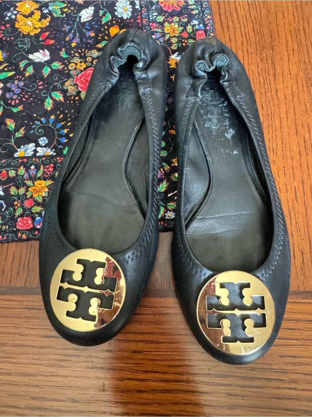 Tory Burch Leather Flat Black Ballet Shoe Women Size 9 M Made In Brazil Gold